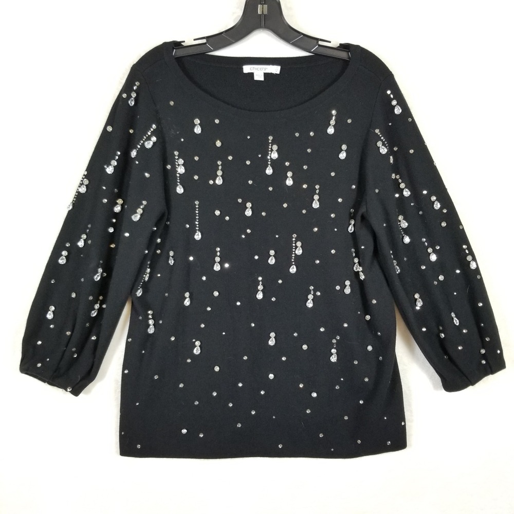 Chicos Black Rhinestone Embellished Knit Sweater 3/4‎ Sleeve Size 1 M Medium